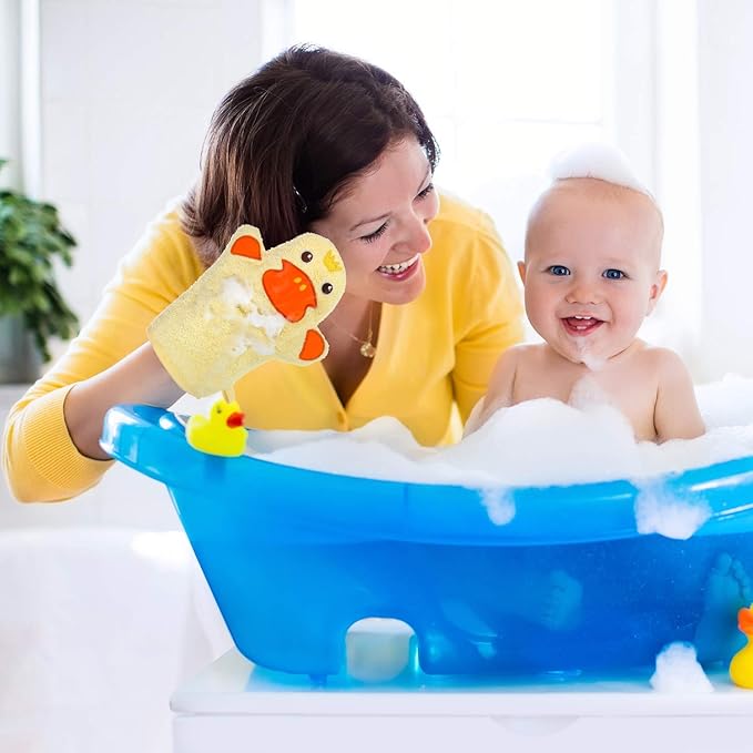 Shappy 2 Pieces Baby Bath Mitt Washcloths with Cute Animal Designs Yellow Duck Shark Towel Gentle Soft Scrub for Toddler Bath and Shower