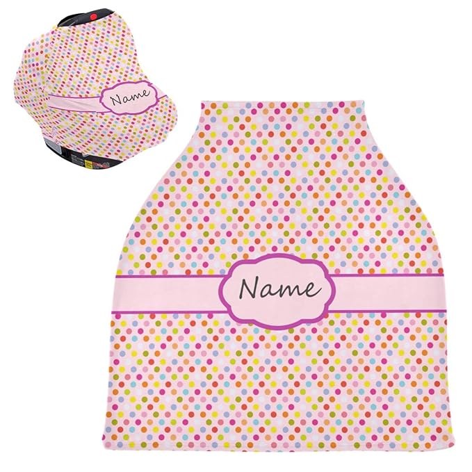 Personalized Baby Name Car Seat Covers for Girls, Custom Multiuse Nursing Cover Breastfeeding Scarf, Carseat Canopy, Gift for Newborn Daughter, Infant Stroller Cover, Colorful Dots