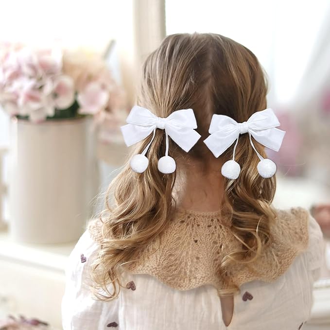 Velvet Bows Clips for Baby Girls, 20pcs 3.7inches Boutique Baby Hair Clips, Tassel Ball Hair Barrettes Alligators for Infants Toddlers Fine Hair