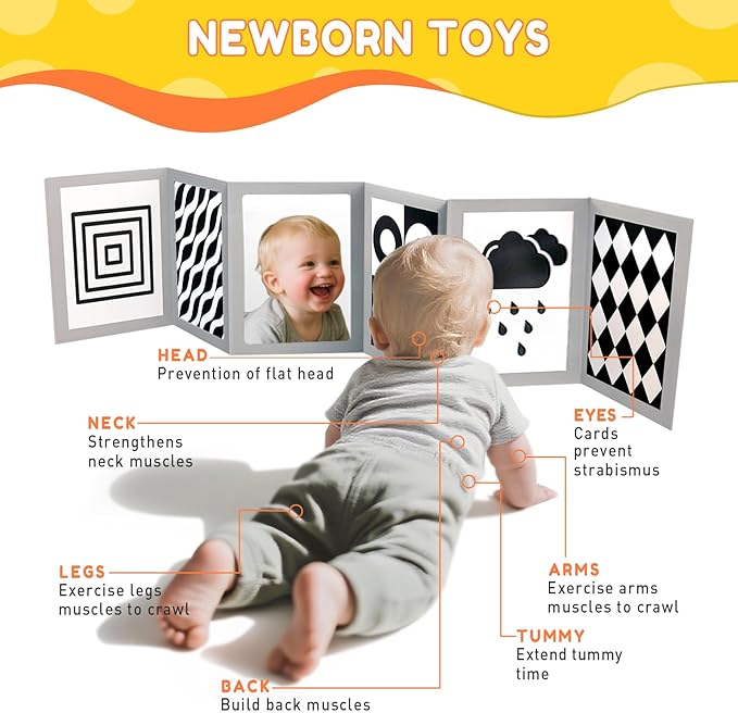 High Contrast Baby Flashcards with Black and White Tummy time Mirror Books, Newborn Brain Development Toys for 0-6 Months Baby as Infants Easter Gift