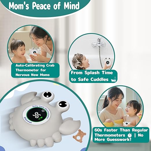 Baby Bath Thermometer Crab Toy - Digital Floating Water Thermometer with LED Display & Color Alerts for Infants, Cute Bath Tub Sensor & Safe Bath Time Essential Toy