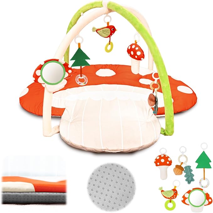 Upgrade Thickened Baby Play Gym, Extra Large Activity Mat, Machine Washable Playmat, Tummy Time Mat with Detachable Toys for Motor Skills, Non-Slip Bottom, Mushroom