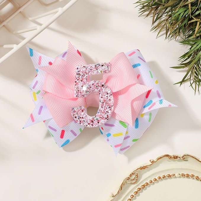Birthday Hair Bow Hair Clips for Girls 1 2 3 4 5 6 Years, Baby Girl Accessories Bow Birthday Decorations, Pink Baby Girls Ice Cream Hair Bows Clips for 5th