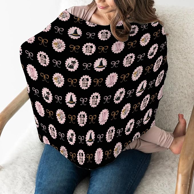 Cute Pink and Black Halloween Baby Car Seat Covers Witch Cat Castle Floral Bows Stretchy 5-in-1 Cover Adjustable Infant Carseat Cover Canopy Spooky Halloween Breathable Nursing Cover-Up
