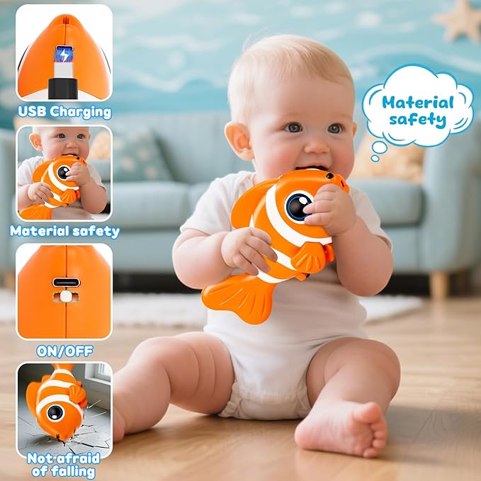 Crawling Fish Baby Toys, Novelty Tummy Time Toys for Babies 6-12 Months, Magic Swinging Fish Crawling Toys for Infant Toddler Learning Crawl Walking Dancing Easter Basket Stuffers 1st Birthday Gift