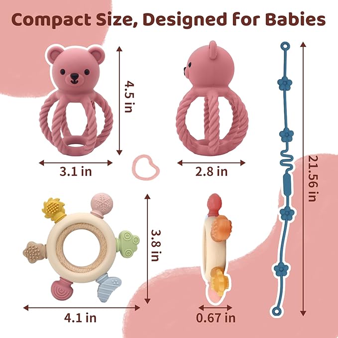 3Pcs Baby Silicone Teether Toy Set - Food-Grade Silicone Teething Relief Toys,Wooden Ring Teether Cute Bear Toy and Toy Straps for Babies 3-12 Months(Pink)