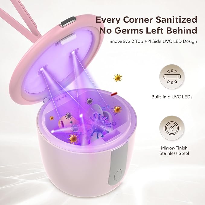 MomMed Portable Pacifier Sanitizer with Smart Display, Dual 60/180s Disinfection Modes, Auto Shut-Off, UV Pacifier Holder Case for Baby Pacifiers, Teethers, Bottle Nipples and More(Pink)