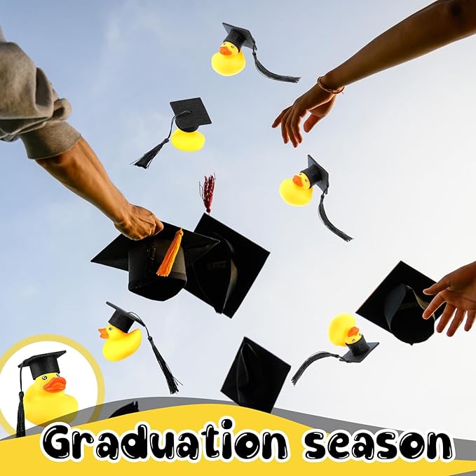 Lenwen 24 Pcs Graduation Rubber Ducks with Grad Cap Mini Rubber Duckies Gifts Bulk for Graduation Party Favors Decoration(Black Grad Hat)