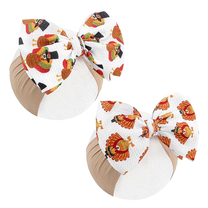 Thanksgiving Fall Baby Girl Bows Turkey Headbands for Baby Girls Waffle Knotted Bows Handmade Infant Headbands 2PCS Autumn Holiday Gifts
