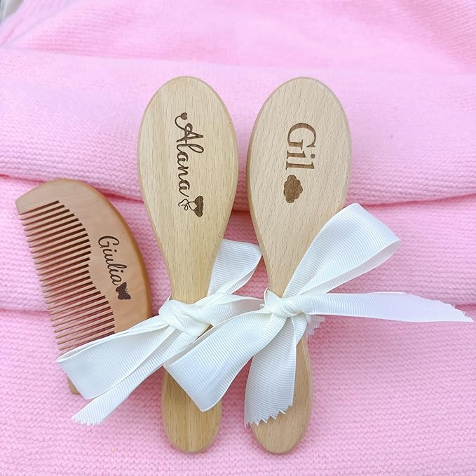 Personalized Custom Baby Brush and Comb Set for Newborn, Wooden Baby Comb, Preventing Cradle Cap, Natural Goat Bristles Brush, Gifts for Baby Shower