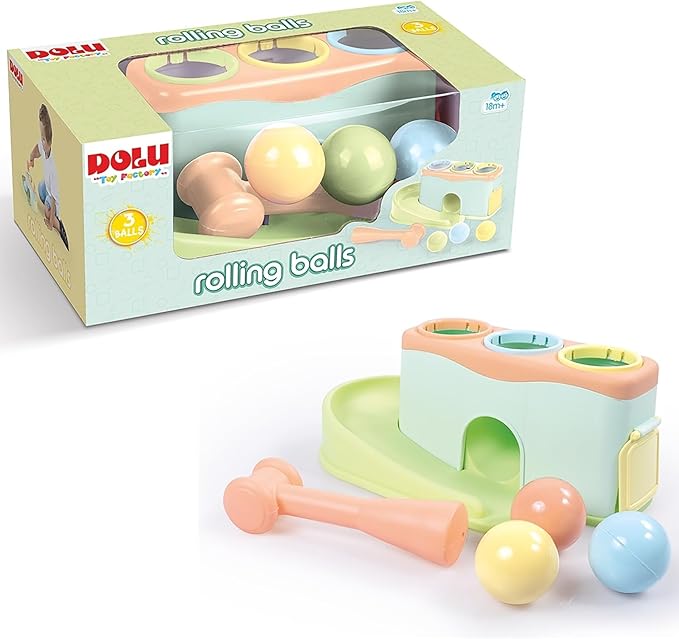 DOLU: Rolling Balls - Pound & Play Toy, Bench w/Exciting Roll Ramp, Hammer Mallet, 3 Balls, Soft Pastel Colors, Push & Grab, Kids & Toddlers 18mo+