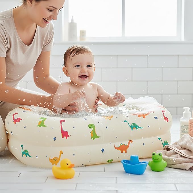 Inflatable Baby Bathtub with Built-in Air Pump, Back Support, Portable Travel Baby Bath Tub, Deflates and Folds Easily, Newborn to Toddler 3-20 Months (Dinosaurs)