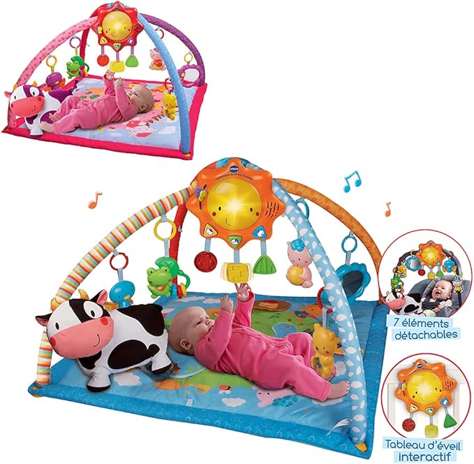 VTech - Lumi Tapis des P'tits Copains Rose, Musical and Evolutionary Play Mat, Activity and Development Toy, Rattles, Cow Plush, Baby Birth Gift - English Content