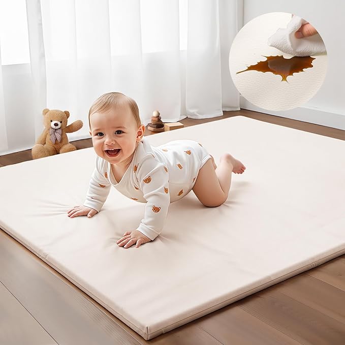 Padded Baby Play Mat - Thick Play Mat for Baby - Super Soft Non Toxic Vegan Leather Mat for Baby Girls and Boys Play on Floor - 50 x 50 Playpen Mat -Wipeable Tumbling Crawling Mat for Baby