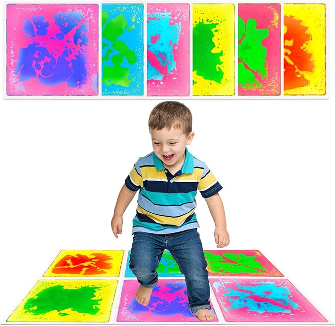 Liquid Sensory Floor Tiles for Kids: 12x12 Inch Active Play Mats for Kids Non-Toxic Leakproof - Non-Slip 6 Color-Changing Pads Stress Relief & Motor Skills Toys