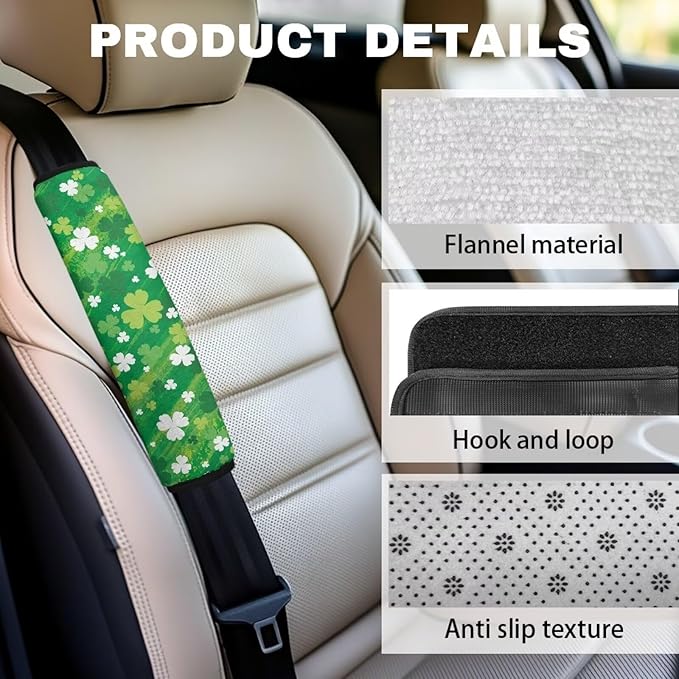 Saint Patrick's Day Safety Seat-Belt Pads 2 Set Clovers Neck Pad Protector Non Slip Shoulder Strap Pad Easy to Install Seatbelt Cushion for Car Truck SUV Airplane Backpack Straps