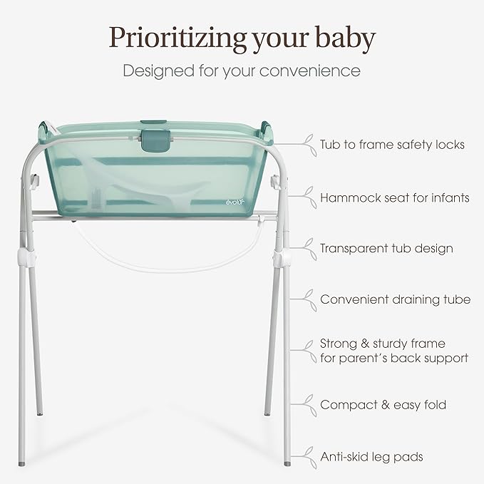 Evolur Supple Baby Spa Set with Infant Bathtub, Hammock Support Seat & Metal Frame, Newborn Tub for 0–12 Months, Complete Baby Care Essentials Gift Set for New Parents, Green