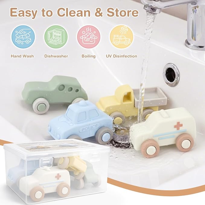 Vanplay Silicone Baby Car Toys with Storage Box - Soft Teething Toys for Babies 6-12 Months, One-Piece Design Push & Pull Baby Toys for Toddlers, Birthday Gifts for Boys Girls（4 PCS）
