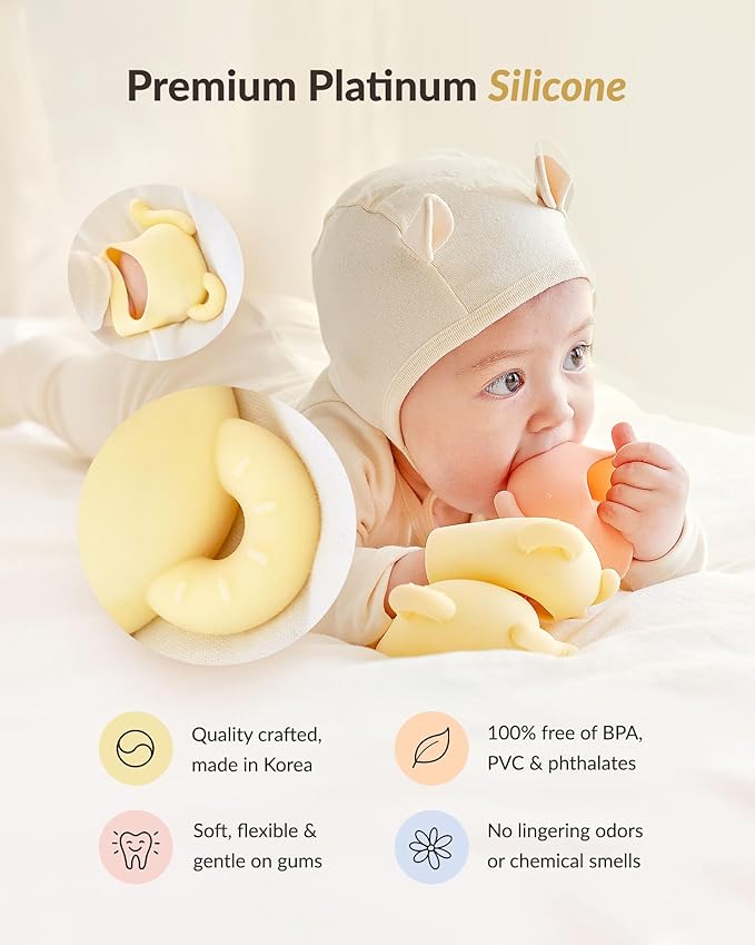 Moyuum Silicone Elephant Grip Hand Teether Toy | Made in Korea, Provides Teething Relief, Wearable Teether is Easy to Hold, Drop Resistant with Adjustable Wrist Strap, Babies 3+ Months, Natural