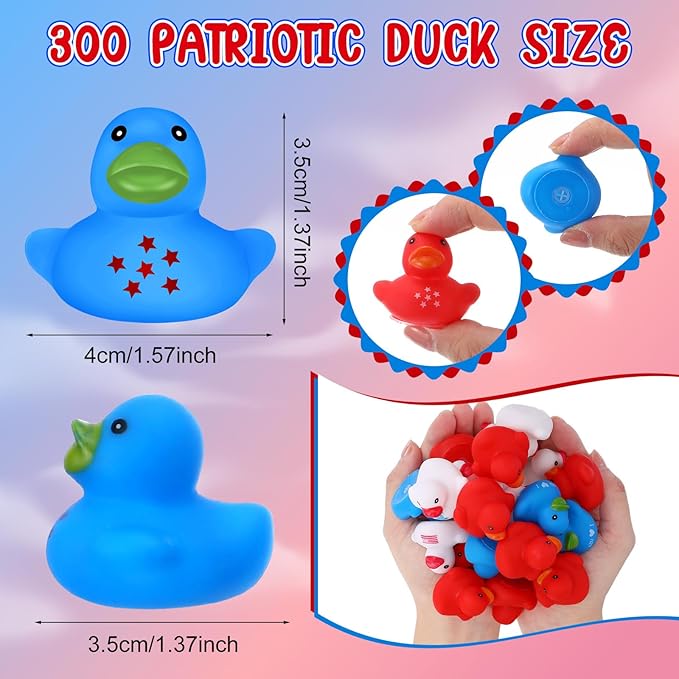 Junkin 300 Pcs Patriotic Rubber Ducky Bulk 1.57 Inch 4th of July Float Rubber Ducks Independence Day Small Duckies Bulk for Memorial Day Pool Party (Patriotic)