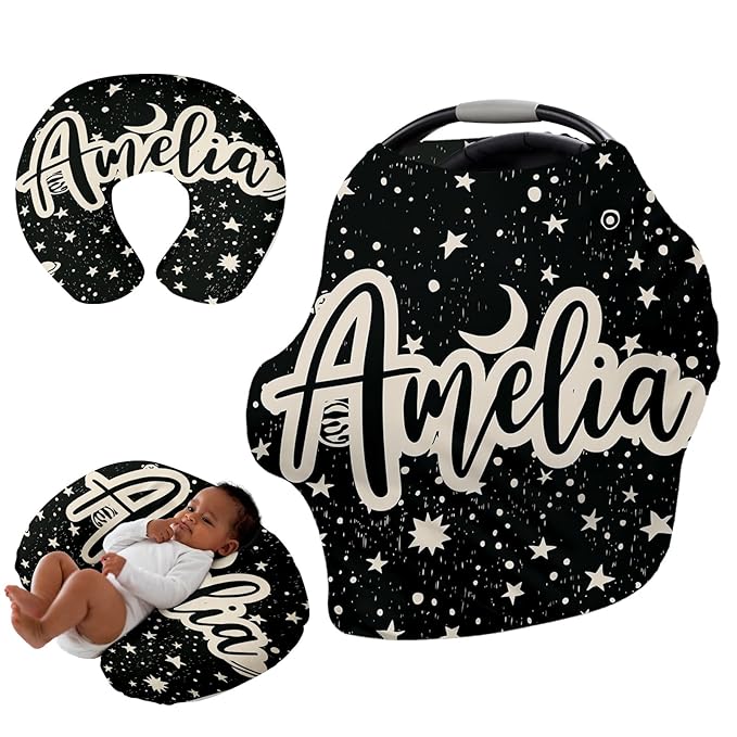 Custom Name Car Seat Canopy - Baby Car Seat Covers, Infant Stroller Cover, Black Pattern Carseat Canopy Christmas Birthday Gifts for Girls and Boys