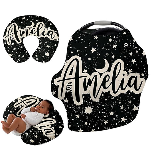 Custom Name Car Seat Canopy - Baby Car Seat Covers, Infant Stroller Cover, Black Pattern Carseat Canopy Christmas Birthday Gifts for Girls and Boys