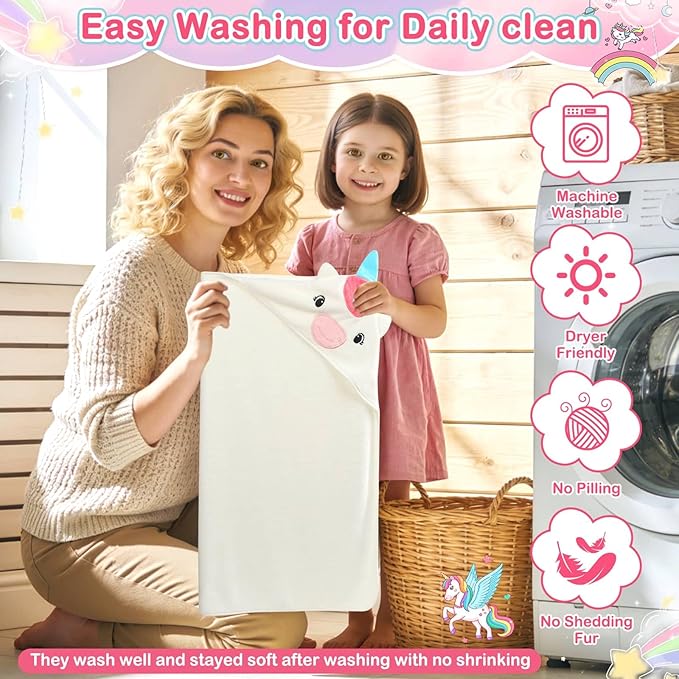 Flasoo 4 PCS Baby Towels Set, Soft Absorbent Baby Hooded Bath Towel, 1 Baby Towel and 3 Baby Washcloths for Newborns, Toddlers, and Kids, 32x32 inch Baby Towel for Boy and Girl (White Unicorn)