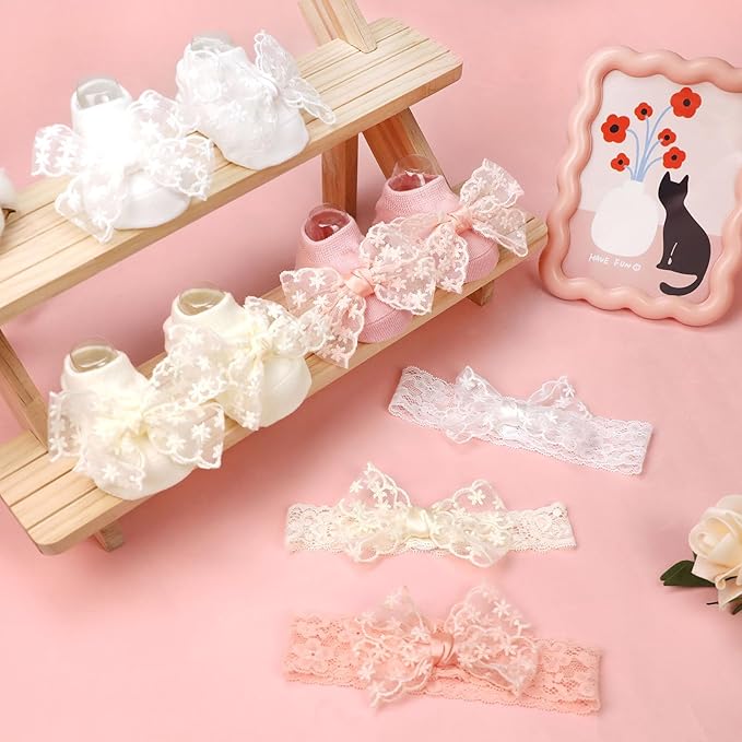 3 Pack Baby Girls Headbands and Socks Set Newborn Lace Bow Hairbands Non-Slip Grips Socks for Babies Infants and Toddlers (Beige, Pink, White)