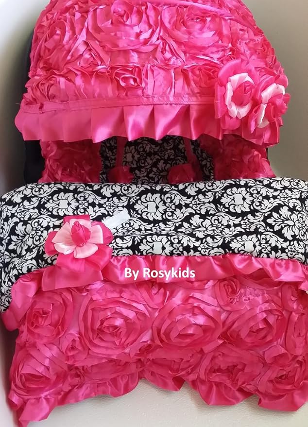 Rosy Kids Infant Carseat Canopy Cover 4pc Whole Caboodle, Baby Car Seat Cover Baby Blanket Outdoor Travelling Kit, 3D Rosette Fabric Hot Pink Damask Print