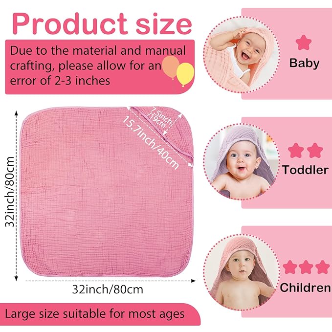 Peryiter 4 Pcs Muslin Hooded Baby Towels 32 x 32 Inch Cotton Newborn Bath Essentials Muslin Infant Blankets Absorbent Registry Gifts for Girl Boy Kids Baby Shower (Pink Series)