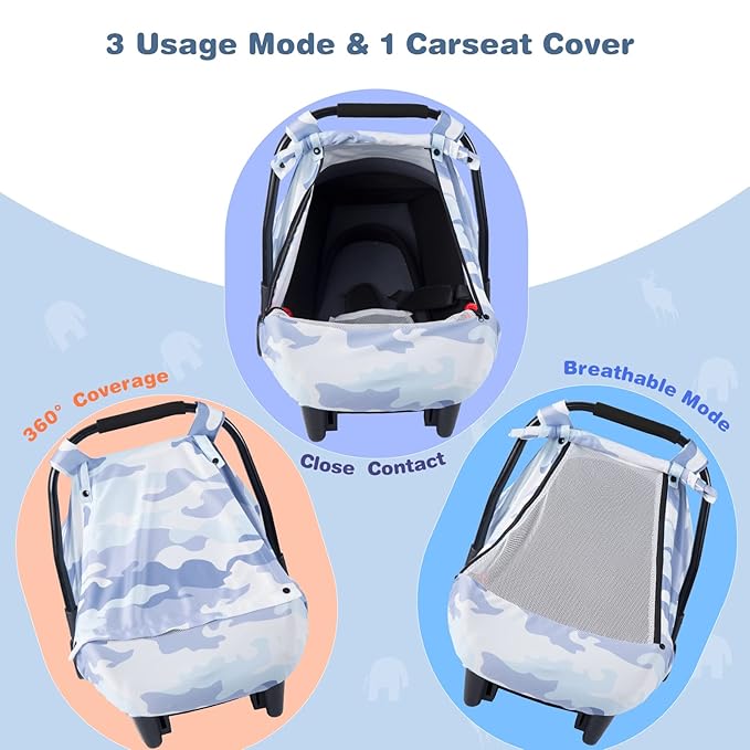 SMTTW Car Seat Cover for Babies, Stretchy Breathable Carseat Canopy with Peek Window, Multiuse Infant Stroller Cover for Baby Boys Girls, Privacy Sun Shade & Wind Protect for Summer (Camouflage)