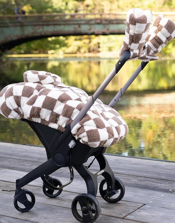 7AM Enfant Stroller Warmmuffs Gloves - Anti-Freeze Stroller Mittens for Handlebars, Water Repellent Hand Warmer Muff for Cold Weather, Plush Lined (Print Checkers Tan)