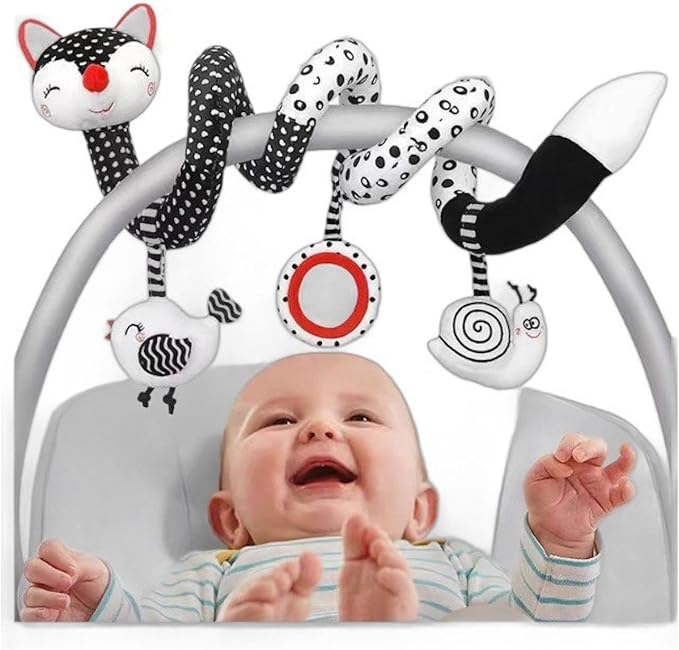 Car Seat Toys for Babies 0-6 Months, Baby Sensory Interaction Cartoon Toys with Bells_Black and White High Contrast Baby Toy Hanging or Wrapping Around The Infant Bed or Strollea03 ﻿