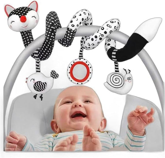 Car Seat Toys for Babies 0-6 Months, Baby Sensory Interaction Cartoon Toys with Bells_Black and White High Contrast Baby Toy Hanging or Wrapping Around The Infant Bed or Strollea03 ﻿
