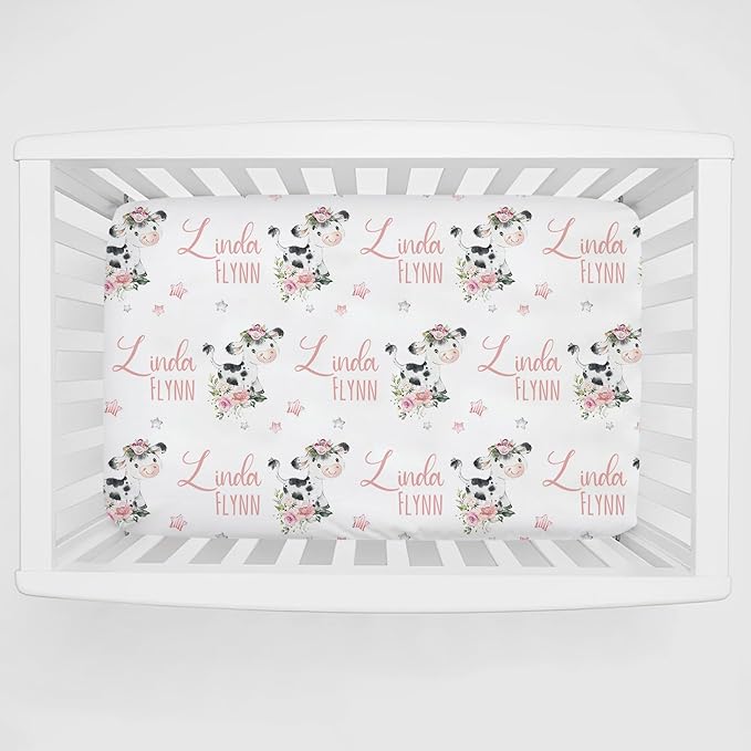 Personalized Pack & Play Sheets with Floral Cow Pattern for Baby Girls, Soft and Breathable Material - Includes Fitted Sheet and Name