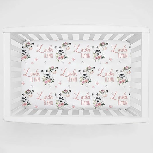 Personalized Pack & Play Sheets with Floral Cow Pattern for Baby Girls, Soft and Breathable Material - Includes Fitted Sheet and Name