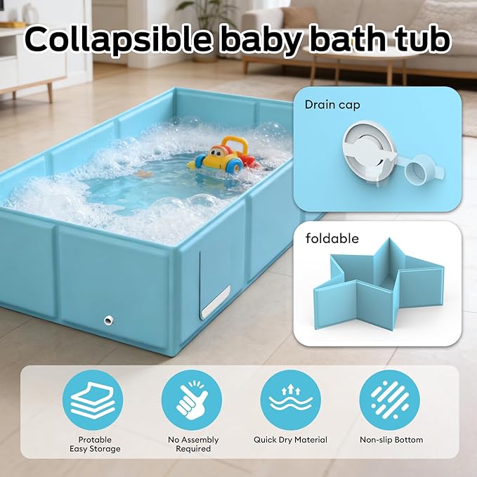 Collapsible Baby Bathtub, Foldable Infant Bath Tub with Non-Slip Base, Portable Travel Baby Bath for Newborns & Toddlers Indoor Outdoor Use, Baby Shower Gift, Blue