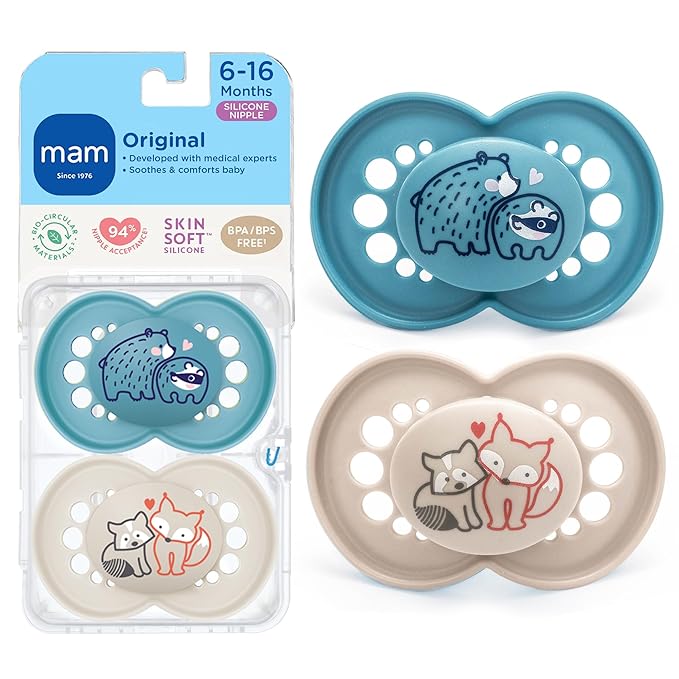 MAM Original Matte Baby Pacifiers 6-16 Months, Binky for Newborn Babies, BPA-Free Skin Soft Silicone Nipple, Easy to Clean, Developed with Medical Experts, 2 Count, With Sterilizer Case Made in Europe