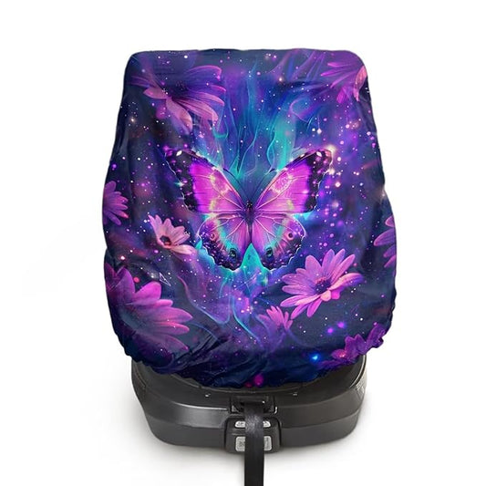 XYZCANDO Butterfly Print Carseat Cover for Baby Girl Purple Baby Car Seat Sun Shade Cover Easy to Install Car Seat Sun Protection for Toddler Univiersal Car Seat Covers for Babies Gift for Friends