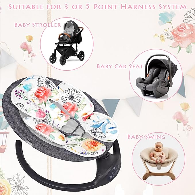 Infant Car Seat Insert, 2 in 1 Baby Head and Body Support for Car Seat, Soft Plush Newborn Carseat Cushion for Stroller Bouncer, White Floral