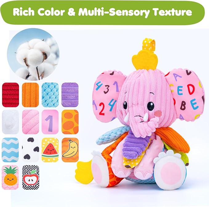 Baby Girl Toys 0-6 6-12 Months, Sensory Musical Toddler Toy for 3 4 5 6 7 8 9+ Months, Pink Elephant Plush Infant Toy with Teether, Crinkle, Rattle Baby Mirror for Tummy Time Newborn