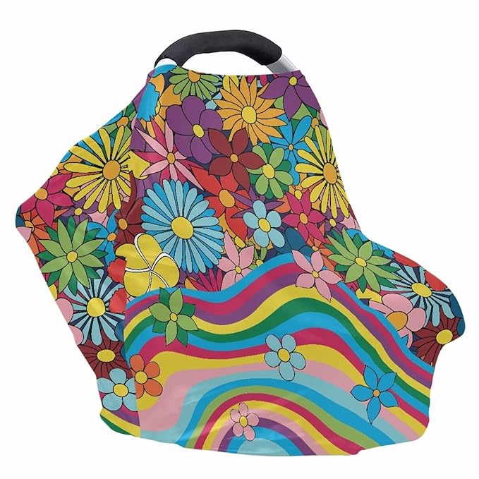 Hippie Flower Baby Car Seat Cover Dust Cover Breathable Durable Infant Stroller Cover Multi-Use Car Seat Canopy Cover for Kids Sun-Proof Breastfeeding Shawl
