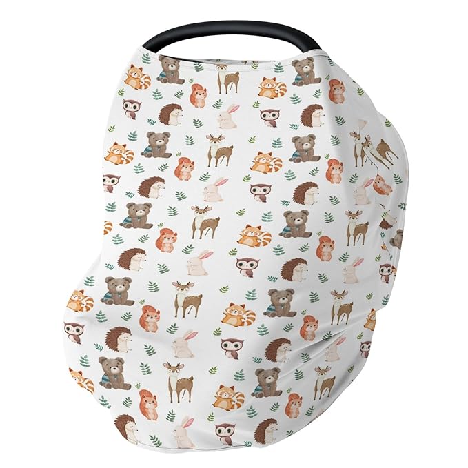 Cute Forest Animals Leaves Baby Car Seat Covers Bear Deer Raccoon Squirrel Bunny Hedgehog Owl Stretchy 5-in-1 Cover Adjustable Car Canopy Cover Wildlife Breathable Nursing Cover-Up