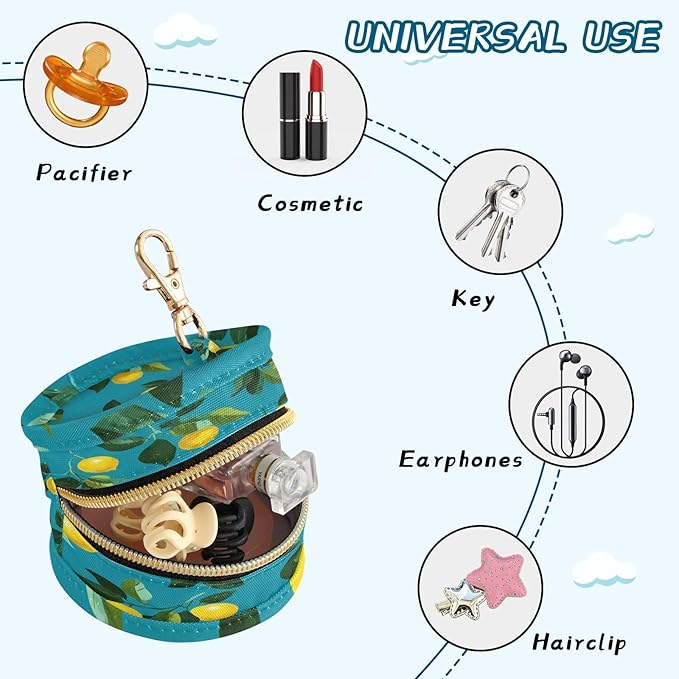 Pacifier Holder with Clip Pacifier Case for Diaper Bag Round Baby Pacifier Pouch Box Bag Portable Teal Lemons
