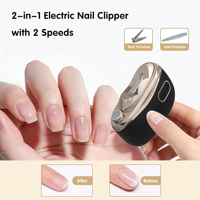 Bestkid Electric Nail File Baby with Polishing, 2-Speed Safety First Automatic Infant Nail Clipper with LED Light & Nail Craps Storage, Black Smart Finger Nail Trimmer for Kids Adults Caregivers
