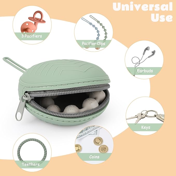 2 Pack Silicone Pacifier Holder Case with Premium Zipper & 1 Pacifier Clip - Leakproof Baby Pacifier Storage Case for Diaper Bags, Strollers, Travel, BPA Free (Sage/Dusty Lilac)