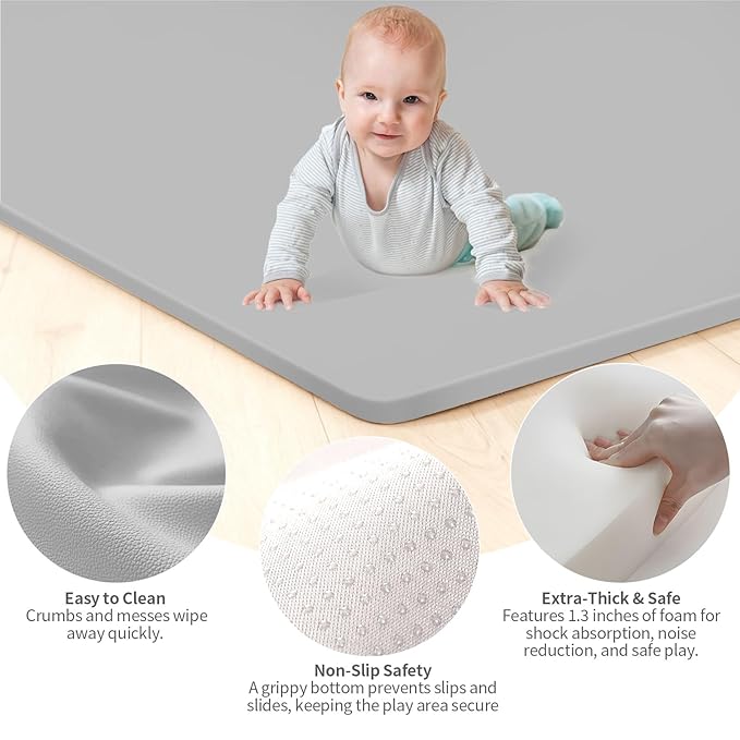 PU Leather Baby Play Mat for Floor, 50"×50" Playpen Mat, 1.3" Thick Elasti-Foam, Non-Slip Crawling Mat for Tummy Time, Waterproof & Wipe-Clean Playmat for Toddler,Infant, Kids (Grey）