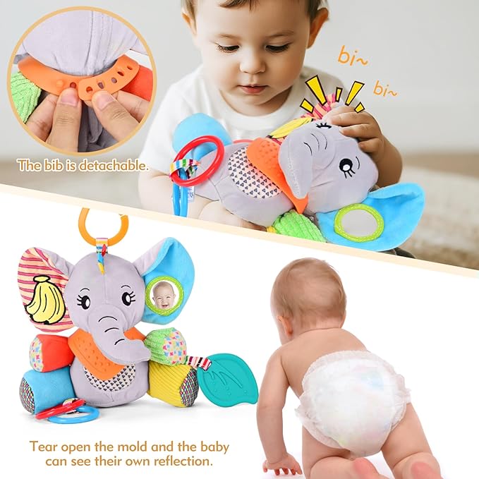 Baby Toys 0-12 Months Elephant with Detachable Touch-Sensitive Sound Box, 30 Sounds, Removable Bib, Teether, Rattle, BB Squeaker, Mirror for Strollers, Car Seats, Carriers