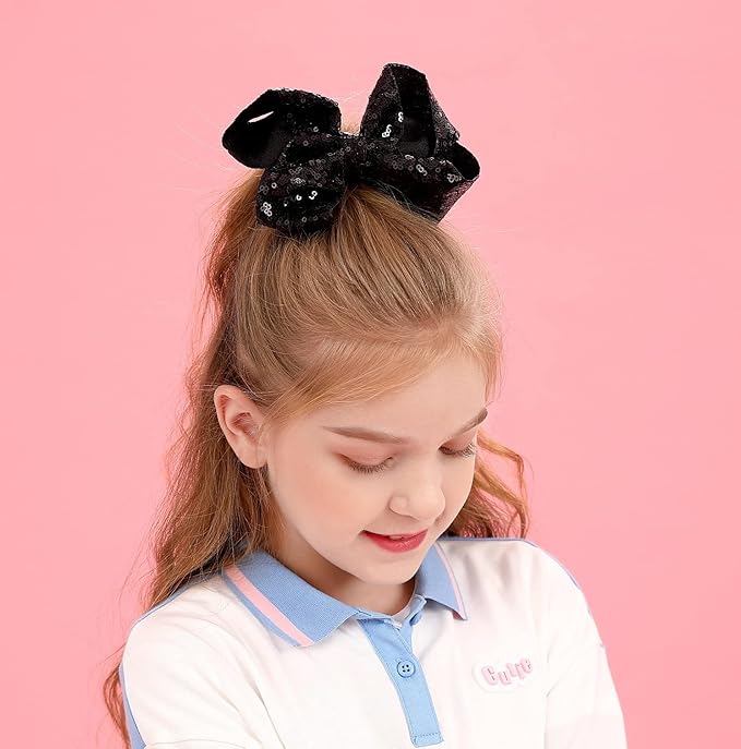 6 Inch Black Sparkly Glitter Sequin Hair Bows for Girls Toddlers Kids Children Teenage (2PCS)