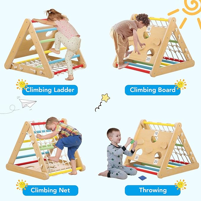 Toddler Indoor Gym Playset, 2 in 1 Wooden Climbing Toys, 3-Sided Wooden Triangle Climber with Climbing Net,Sliding Ramp, Sandbags & Board for Kids Boys Girls Indoor Gym Playset Gift,Home & Daycare